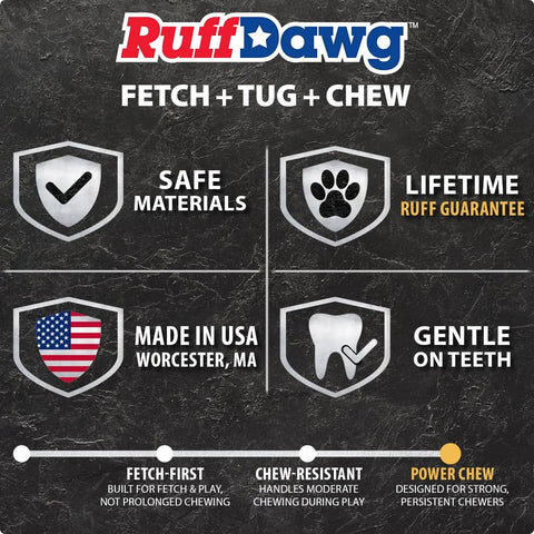 RuffDawg product features chart with safe materials, lifetime guarantee, made in USA, gentle on teeth for Big Dawg Barbell XL Heavy Duty Solid Rubber Dog Chew Toy For Medium To Large Dogs 40 Lbs And Up Color Variations Floats And Bounces Made In USA Great For Aggressive Chewers.