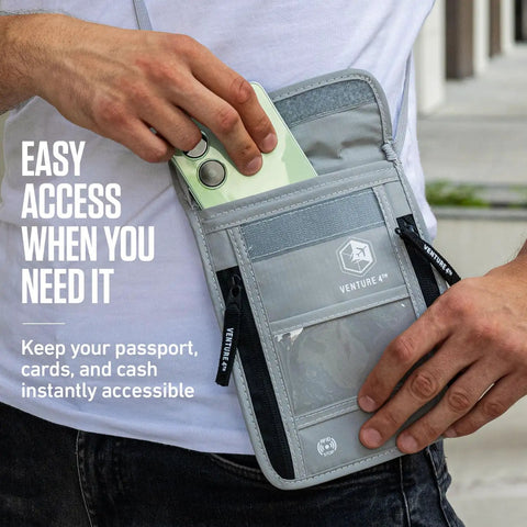 Person using Stealthy Hidden Neck Wallet For Travel With RFID Blocking Passport Holder, Slim Lightweight Concealed Pouch, Black.