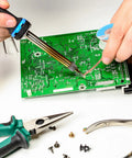 Person using Six Pack 5Ft Solder Wick Braided Desoldering Wicks With Flux No Clean For Electronics PCB Repair Blue 0.1 Inch Wide
