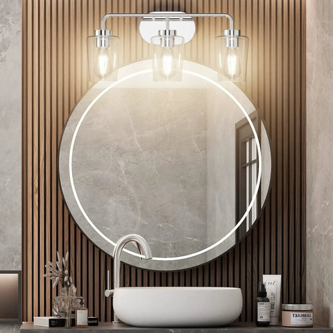 Three Light Industrial Style Bathroom Vanity Fixture In Stainless Steel Chrome Finish With Clear Glass Shades For Farmhouse Bath Lighting And Easy Wall Mount Installation above round mirror