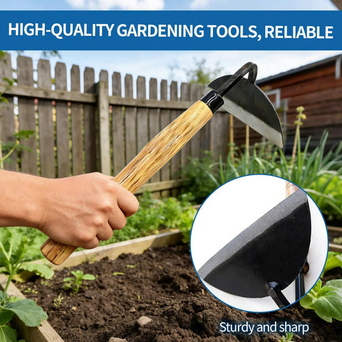 Japanese Garden Hand Hoe Sickle For Weeding And Cultivation With Sharp Blade Edge Durable 12.5 Inch Tool Beige in use