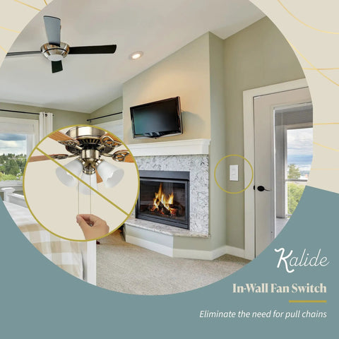 Kalide 3 Speed Fan Wall Switch With Smooth Slider Control in living room, ceiling fan visible, white finish wall switch installed
