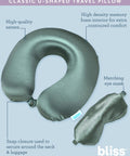 U Shaped Satin Travel Neck Pillow Set With Eye Mask For Flights And Road Trips Contoured Memory Foam Support Plush Comfort Lightweight And Cozy Must Have Travel Accessory For Total Neck Relaxation. Satin U-shaped travel neck pillow and matching eye mask with snap closure