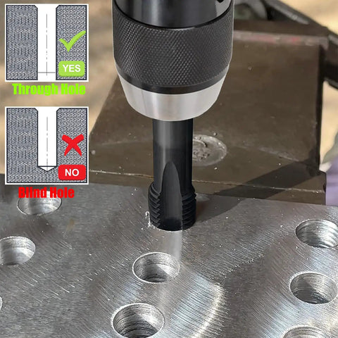 7 Piece Nitriding Coated Spiral Point Tap Set M3 To M12 for through hole tapping in metal with drill and diagram