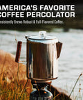 Stainless Steel Percolator Coffee Pot With Glass View Top, No Aluminum Or Plastic, 12 Cup Capacity, in outdoor setting