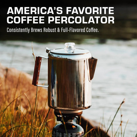 Stainless Steel Percolator Coffee Pot With Glass View Top, No Aluminum Or Plastic, 12 Cup Capacity, in outdoor setting