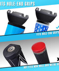 Close-up of 4 Claw Golf Ball Grabber attachment for hole end grips, compatible with putters, shows fitting and not fitting examples.