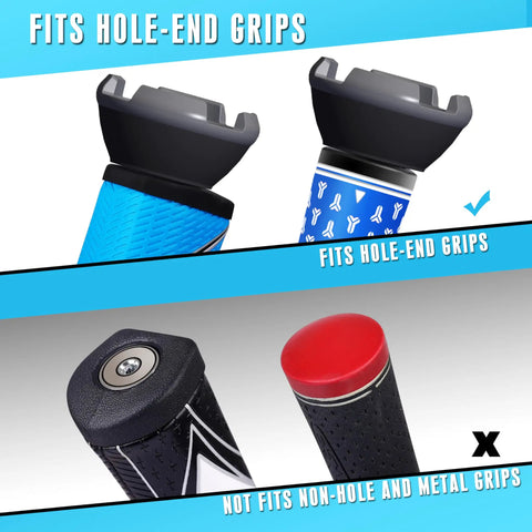 Close-up of 4 Claw Golf Ball Grabber attachment for hole end grips, compatible with putters, shows fitting and not fitting examples.