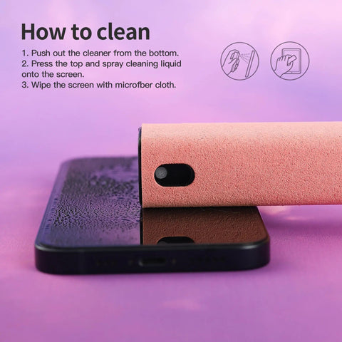 Two In One Screen Cleaner Spray And Wipe Kit For Phones Tablets Laptops TVs Monitors And Car Screens Pink Lipstick Size cleaning a smartphone screen with microfiber cloth and spray instructions displayed.