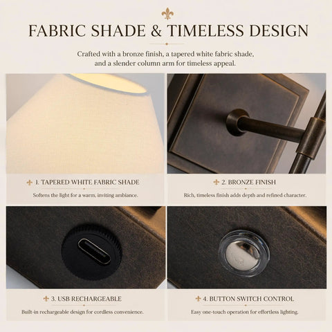 Close-up of the DANCYHOME Modern Farmhouse Weathered Bronze Cordless Wall Sconce fabric shade and bronze finish details.
