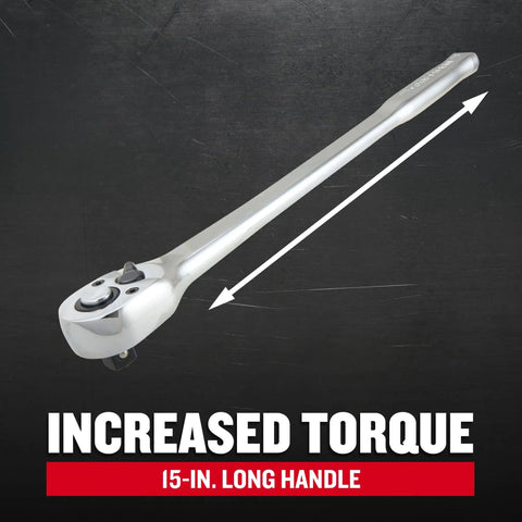 Long Handle 1/2 Inch Drive Ratchet For Pro Grade Heavy Duty Auto Repair And Shop Projects displayed on black background