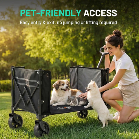 Woman and pets using Ultra Light Collapsible Wagon Cart with All Terrain Wheels for Everyday Use, Grocery Shopping, Camping and Travel, 120L Capacity