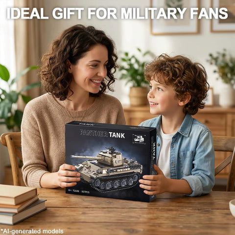 Panther Tank WW2 Military Building Set With 937 Pieces Ultra Detailed Collectible German PzKpfw V Army Model Kit box held by child and adult