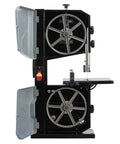 Side view of Powerful 4.2 Amp 10-Inch Benchtop Band Saw For Woodworking With 4.5-Inch Cut Depth, showing open doors and blade.