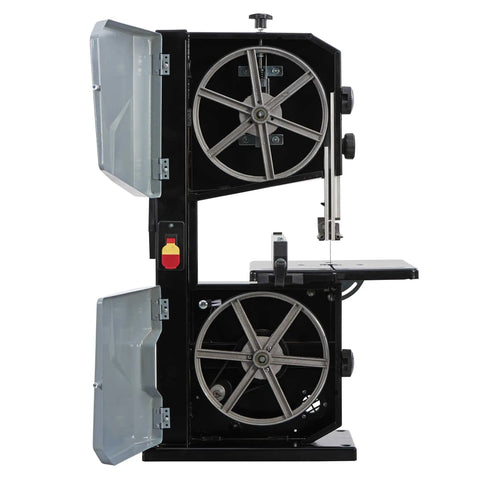 Side view of Powerful 4.2 Amp 10-Inch Benchtop Band Saw For Woodworking With 4.5-Inch Cut Depth, showing open doors and blade.