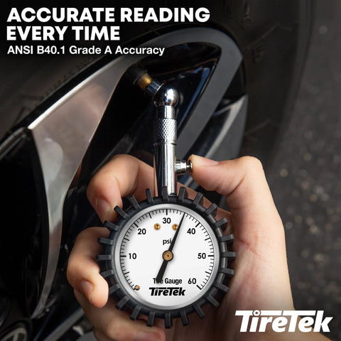 Car tire pressure gauge with analog dial, white face marked psi, chrome nozzle, TireTek logo