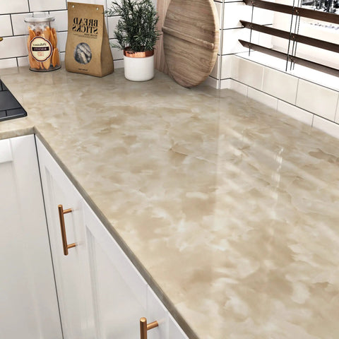 Glossy Beige Marble Contact Paper 24x394 Inches Self Adhesive Peel And Stick Vinyl For Countertops Walls Kitchen Bathroom Waterproof Durable 64.6 Sq Ft Marble Wallpaper For Cabinets Desks Tables Top on a kitchen countertop