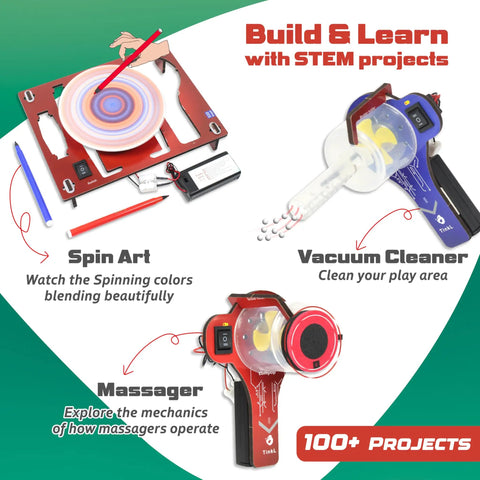100 Plus STEM Projects Kit For Kids Ages 8 To 13 Hands On Robotics And Engineering Fun Toys Motor Machines Build 100 Plus Machines Like Vacuum Cleaners Hovercraft Tornado Mixer Gift For Smart Kids showing spin art, vacuum cleaner, and massager models.