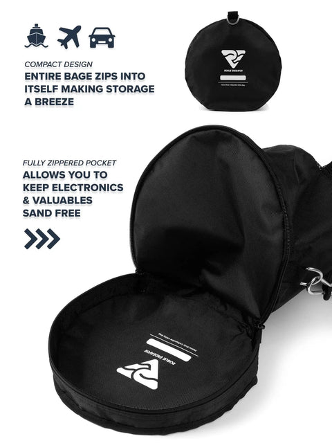 Collapsible Mesh Snorkel Bag For Long Fins With Top Opening, compactly folded with zippered pocket showing marine-grade material