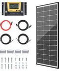 12 Volt 100 Watt Solar Panel Kit With High Efficiency 9BB Half Cut Mono Panels Twenty Two Percent Efficiency 20A PWM Charge Controller Mounting Brackets And Cables For RV Camper Marine Boat Off Grid Power System shown with its components