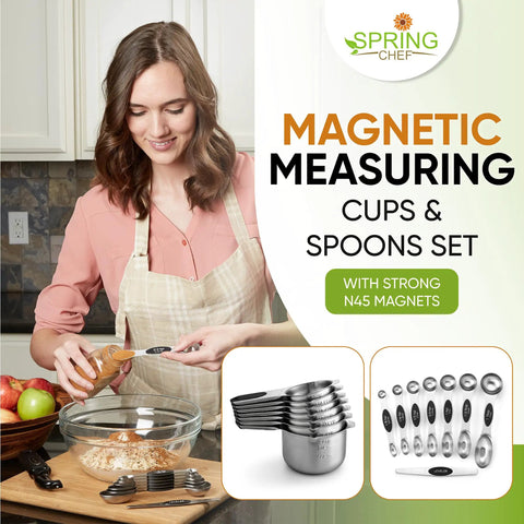 Magnetic Measuring Cups And Spoons Set With Heavy Duty Stainless Steel N45 Magnets BPA Free Fits In Spice Jars Displayed In Kitchen