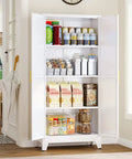 Heavy Duty White Metal Pantry Cabinet With 2 Doors And 3 Adjustable Shelves Freestanding Kitchen Storage Cabinet Durable Steel Construction 150 Lbs Per Shelf Perfect For Dining Room Living Room And Bathroom, open and filled with kitchen items.