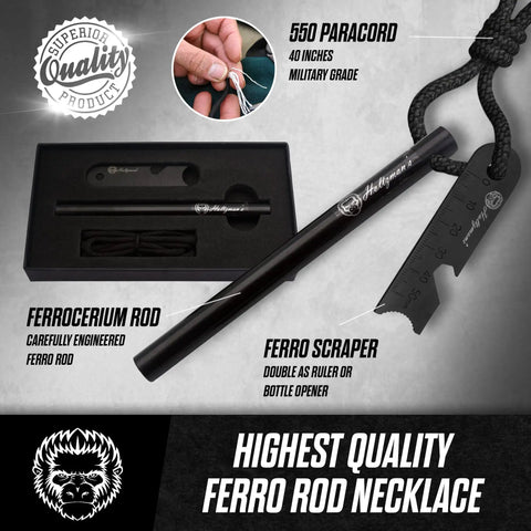 Ferro Rod Fire Starter Kit With Paracord And Scraper, 6 Inch Long, Half Inch Diameter Ferrocerium Rod, G10 Handle, Packaging and Tools