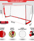 Portable 12x6 Foot Soccer Goal For Backyard Fun And Outdoor Training, Easy Setup Net With Ground Stakes And Bungee, Zippered Storage Bag Included, Perfect For Solo Practice Drills Or Team Scrimmages, shown with dimensions and setup features.