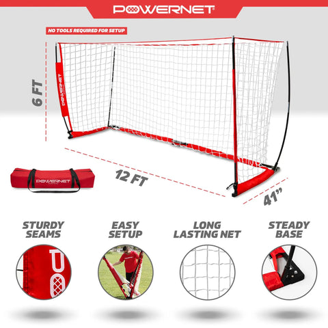 Portable 12x6 Foot Soccer Goal For Backyard Fun And Outdoor Training, Easy Setup Net With Ground Stakes And Bungee, Zippered Storage Bag Included, Perfect For Solo Practice Drills Or Team Scrimmages, shown with dimensions and setup features.