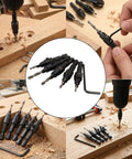 Five Piece Hex Shank Countersink Drill Bit Kit With Quick Release Crank Handle For Dead Simple Woodworking Hole Prep in use, showing various sizes.