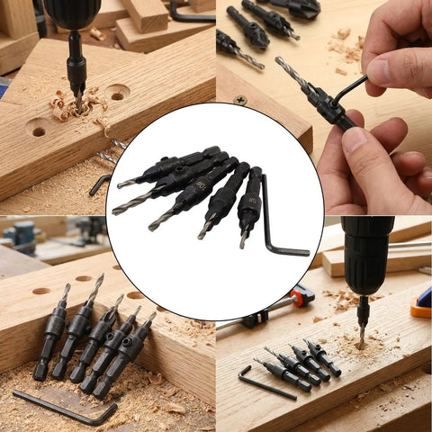 Five Piece Hex Shank Countersink Drill Bit Kit With Quick Release Crank Handle For Dead Simple Woodworking Hole Prep in use, showing various sizes.