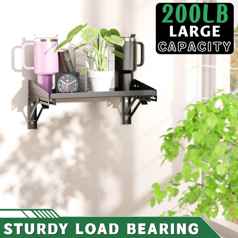 Garage Folding Storage Shelves With Lip Two Pack 200 Pound Capacity wall-mounted in use, holding mugs and plant, steel construction.