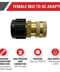 Brass female M22 to quick-connect adapter with black knurled plastic collar for pressure washers