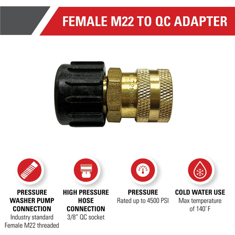 Brass female M22 to quick-connect adapter with black knurled plastic collar for pressure washers