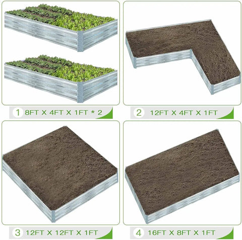 Galvanized Raised Garden Beds 3 Pack 8x4x1 Ft Each With Overlapping Four Inch Panels And Two Row Screws showing various configurations.