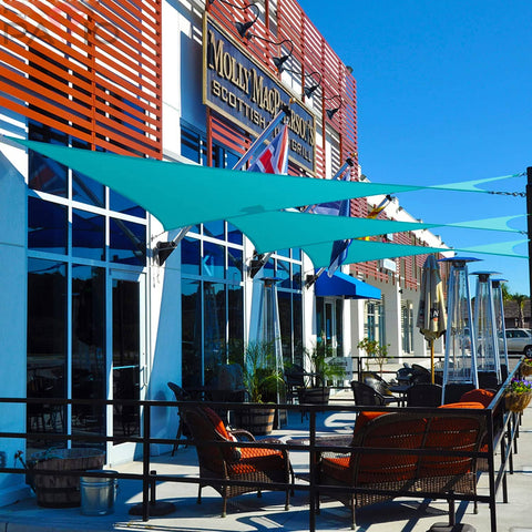 Turquoise 11 By 11 Sun Shade Sail Waterproof Rectangle Canopy For Patio Outdoor Cover UV Block Tarp Cloth visible over seating area