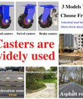 Four Pack Super Heavy Duty Swivel Caster Wheels With Brake Solid Rubber Tires On Rugged Steel Brackets for various surfaces.