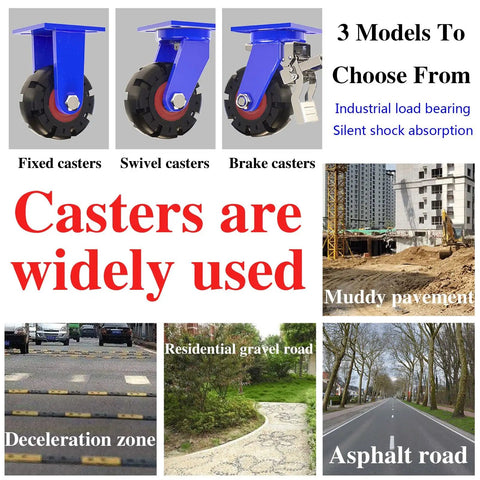 Four Pack Super Heavy Duty Swivel Caster Wheels With Brake Solid Rubber Tires On Rugged Steel Brackets for various surfaces.