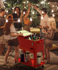 80 Quart Rolling Patio Cooler Cart with Drain, Locking Wheels, Bottom Storage Shelf, Bottle Opener and Cap Catcher Red