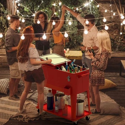 80 Quart Rolling Patio Cooler Cart with Drain, Locking Wheels, Bottom Storage Shelf, Bottle Opener and Cap Catcher Red