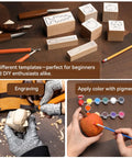 Wood Carving Kit 68 Piece Whittling Set With Leather Storage Bag And 16 Carbon Steel Knives 8 Basswood Blocks And Paints Beginner Friendly Woodworking Kit For DIY Enthusiasts And Gift Idea with templates and paint application.