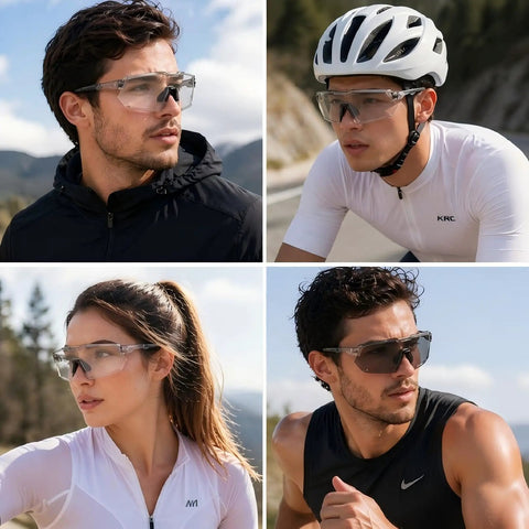 Light Adapting Transition Lenses For Serious Sun Glare Blocking Safety Glasses With Ansi Z87 Certification worn by runners and cyclists.
