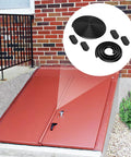 Front view of Bilco basement door weatherstrip kit; black U-shaped gasket, bulb trim gasket, and four cap seal pads