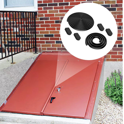 Front view of Bilco basement door weatherstrip kit; black U-shaped gasket, bulb trim gasket, and four cap seal pads