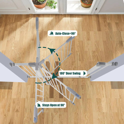 Top view of adjustable baby gate for stairs and doorways, width 30 to 40.5 inches, auto-close, pressure mounted.