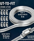 Front view of stainless steel hose clamp kit with cut-to-fit 16 ft (5 m) band and 12 fasteners