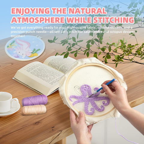 Easy Peasy Beginner Punch Needle Kit For Adults With All Tools And Materials Easy To Follow Instructions And Videos Water Soluble Pattern On Linen Axolotl And Octopus Design No Fuss Embroidery Starter For Relaxation And Skill Building shown with octopus pattern in a hoop, book, threads, and a coffee cup on a table.