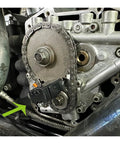 Mofun double-headed cam locking tool installed on Harley Twin Cam engine, timing chain visible