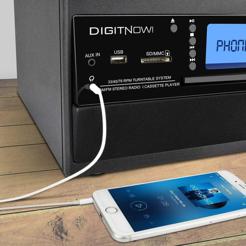 DigitaNow Nine In One Turntable With Speakers 3 Speed Records Player Cd Cassette Radio Bluetooth Aux Usb And Sd Card Support For Vinyl Lovers showing AUX and USB ports.