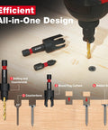 Badass 25 Piece Countersink Drill Bit Set With Self Centering Bits And Wood Plug Cutters For Straight Forward DIY Builds And Tank Like Hardware Jobs Plus Magnetic Extension Holder And Hard Case, showing drilling and countersink bits on wood.